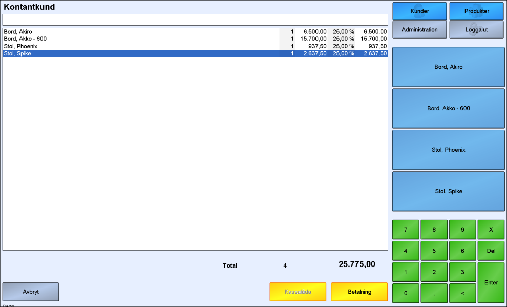FÖRSÄLJNING, BETALNING, RETUR OCH FAKTURA Så registrerar du en försäljning Exempel: Standard kontantkund, kontant betalning 1. Klicka på/tryck på eller skanna in produkten/produkterna kunden köper. 2.