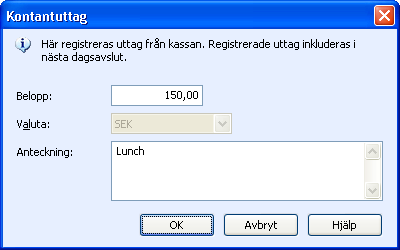 INTRODUKTION TILL MAMUT KASSA Att registrera kontantuttag Så registrerar du ett kontantuttag: 1. Klicka på Administration. 2. Klicka på Kontantuttag. 3. Skriv in Beloppet. 4. Välj eventuell Valuta.