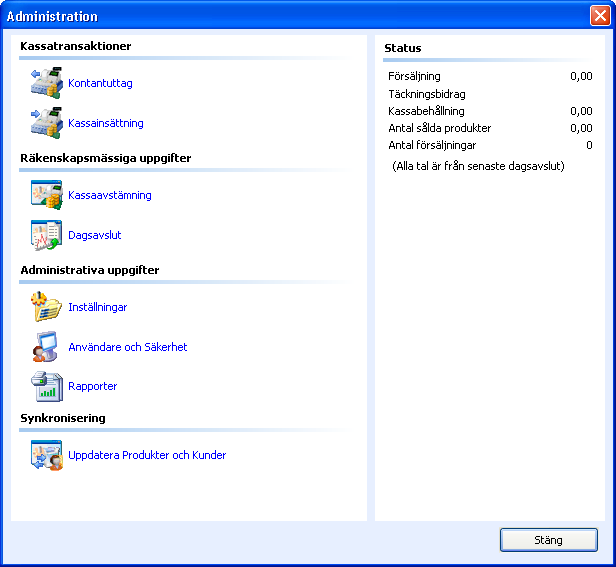 ADMINISTRATION OCH INSTÄLLNINGAR ADMINISTRATION OCH INSTÄLLNINGAR Om Administration av programmet Välj knappen Administration för att komma till administration av Mamut Kassa.