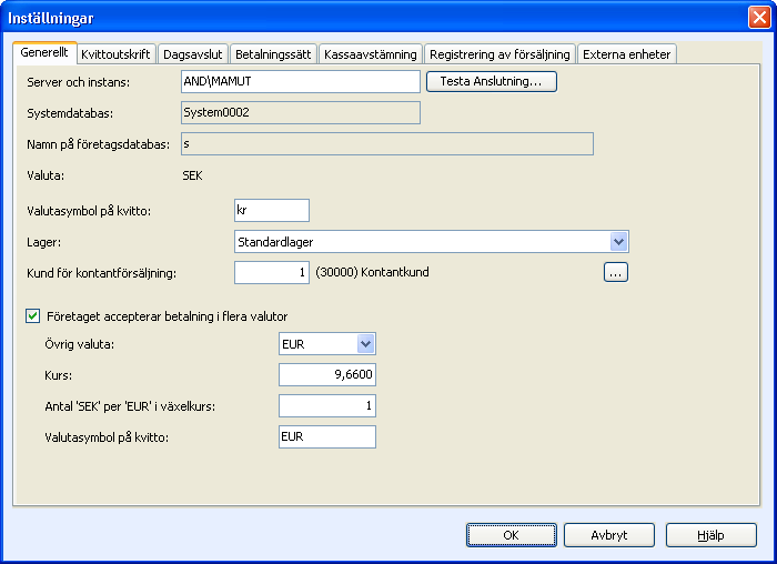 INTRODUKTION TILL MAMUT KASSA Inställningarna är baserade på data från ekonomisystemet. Inställningar, Generellt Server och instans: Denna uppges under förstagångs uppstart.