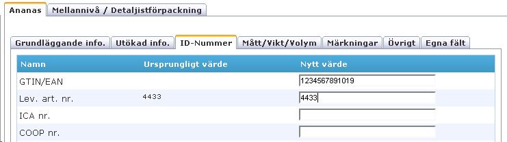 Ändra produktinformation, exempel Låt oss anta att GTIN/EAN numret var felaktigt, och måste ändras. Klicka då på fliken för ID-nummer, och skriv in det nya GTIN/EAN:et.