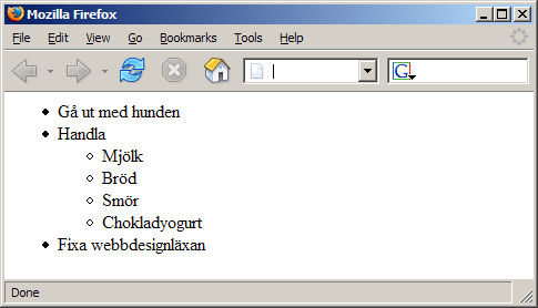 Självklart kan man också göra detta i flera nivåer, till exempel såhär: <ul> <li>gå ut med hunden</li> <li>handla</li> <ul> <li>mjölk</li> <li>bröd</li> <li>smör</li> <li>chokladyogurt</li> </ul>