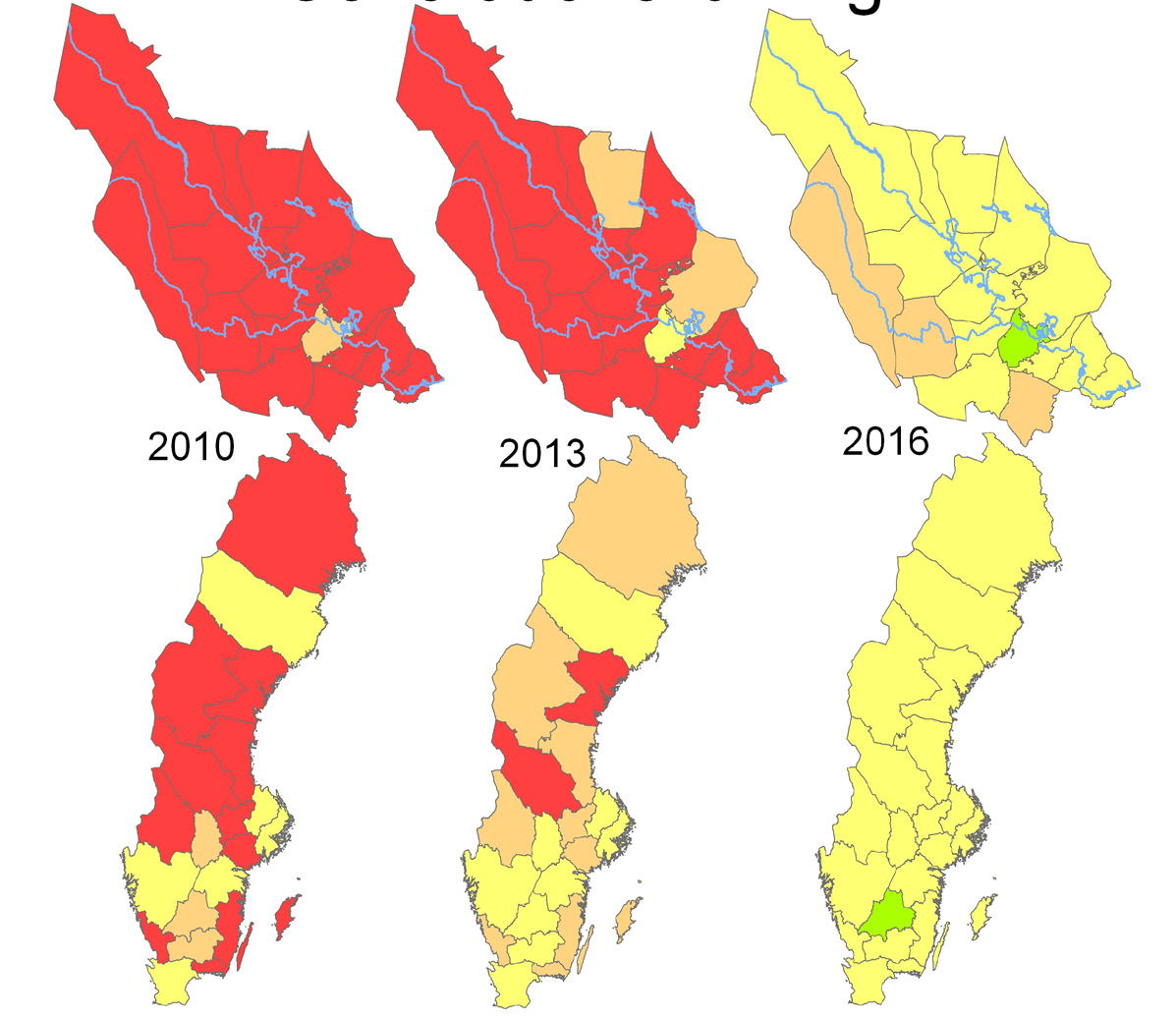 Rödfärgade områden visar ett kraftigt överskott av äldre. Där borde det vara lättare för de yngre att ersätta de äldre på arbetsmarknaden.