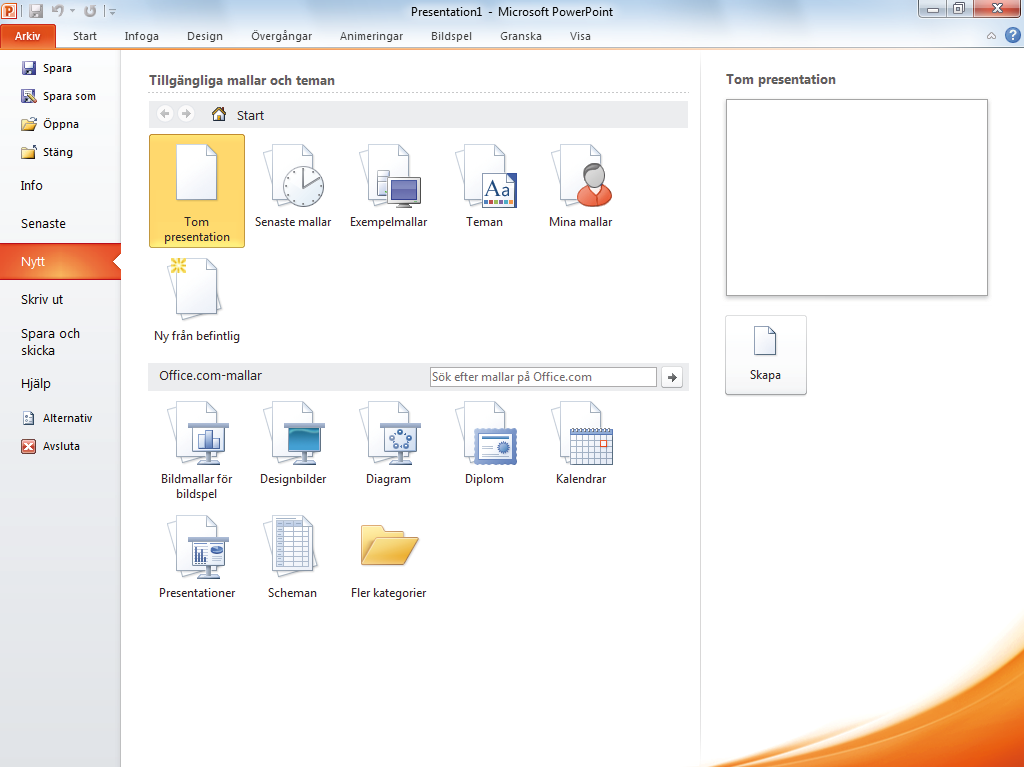 s KaPa ny PrEsEntation När du startar PowerPoint skapas det samtidigt en tom presentation som du direkt kan börja arbeta med.