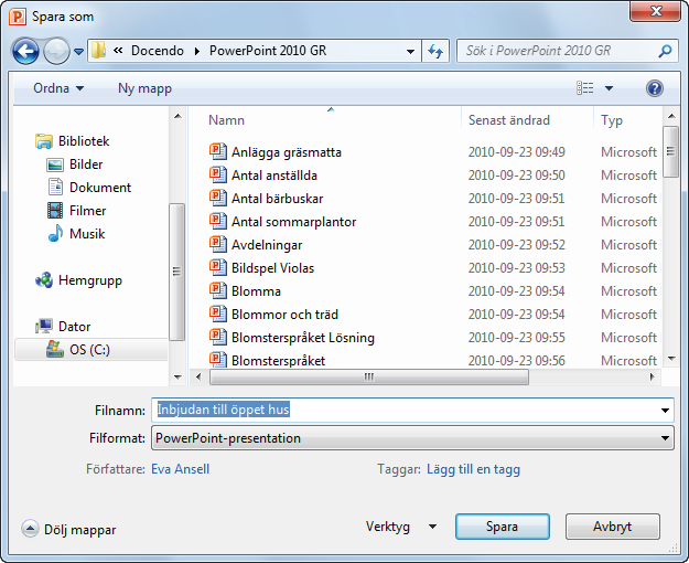 spara PrEsEntation Vänj dig vid att spara dina presentationer direkt när du skapar dem. Spara därefter presentationen med jämna mellanrum.