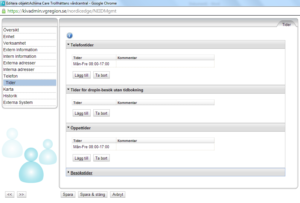 Fliken Tider Telefontider Obligatoriskt attribut Telefontid [telephonehours] Telefontid visas på kontaktkortet.