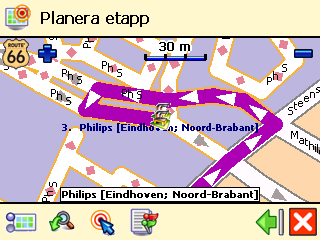 Upprepa steg ❺ så många gånger som nödvändigt! ❻ Etappen beräknas. Hela etappen visas på kartan. Tryck på Navigera till din resa längs den planerade etappen.