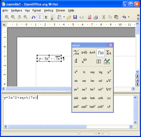 Introduktion OpenOffice.org (OOo) har en del för matematiska formler. Den används mest för att åstadkomma formler i textdokument men kan användas i andra typer av dokument eller fristående.