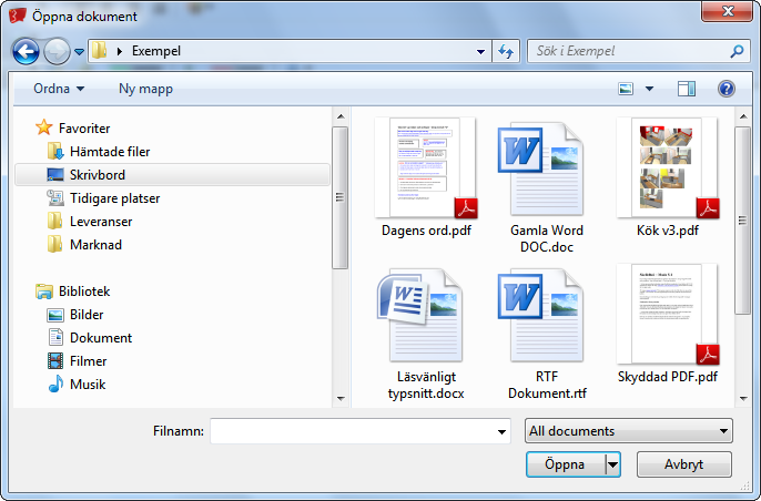 Öppna... Du kan öppna PDF-, RTF-,TXT-, DOC, eller DOCX-dokument.
