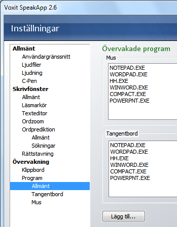 54 Arbeta i valfritt program Lägg till andra program där du vill ha stöd av talsyntesen.