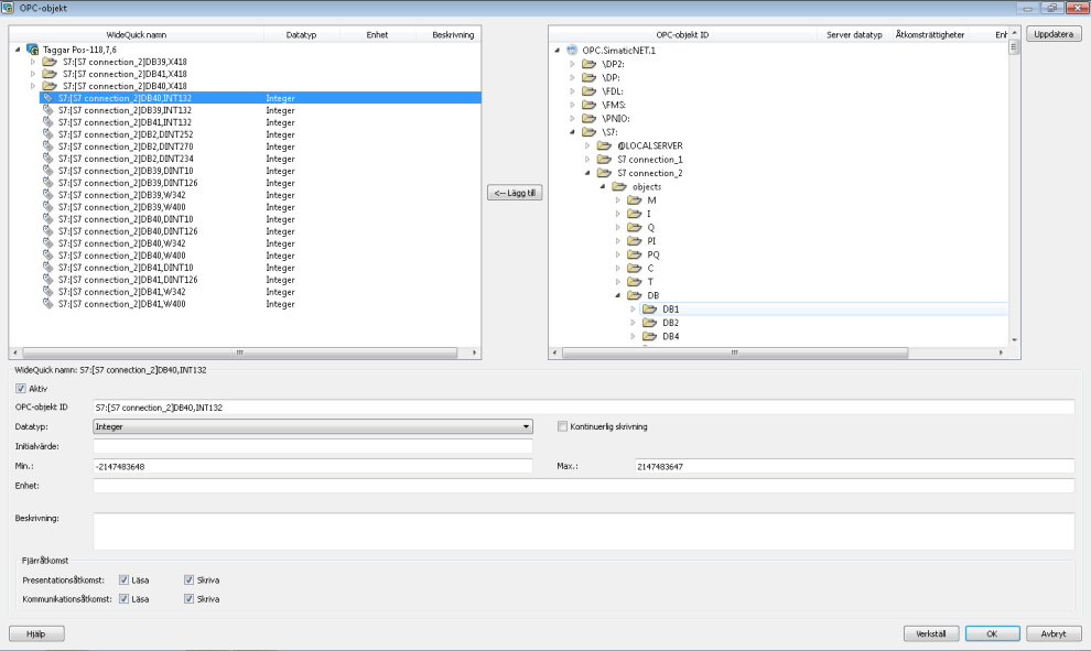 Figur 5.10 Larmlistan i WideQuick-programmet. 5.3 Test Då taggarna blev adresserade till en PLC som inte använde de aktuella adresserna kunde tester utföras utan att något skulle kunna hända.