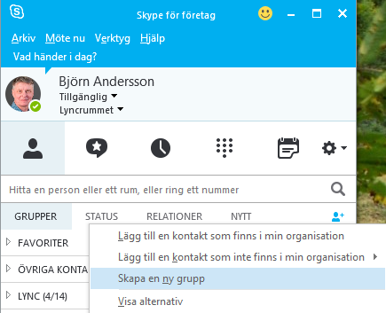 Skapa en grupp Du kommer att ringa många kontakter i Skype för företag.