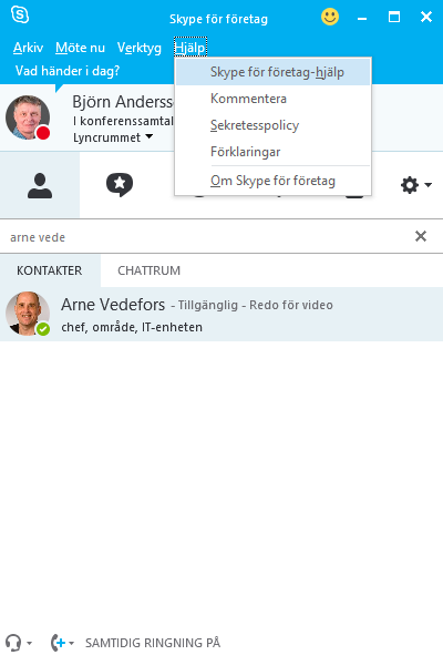 Hjälpen i Skype för företag För att få fram den inbyggda hjälpen i Skype för