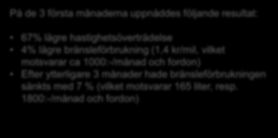 Effekt av införandet av ISA På de 3 första månaderna uppnåddes följande resultat: 67% lägre hastighetsöverträdelse 4% lägre bränsleförbrukning (1,4 kr/mil, vilket