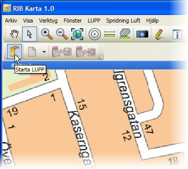 6. LUPP och RIB Karta Om du har LUPP installerat på datorn så finns menyn LUPP och dess verktygsfält i vilket du kan starta LUPP. [ 1 ] [1] Starta LUPP genom knappen/menyvalet Starta LUPP.