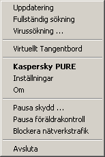 PROGRAMGRÄNSSNITT Avsluta stänger Kaspersky PURE. När detta alternativ väljs laddas programmet ur från datorns internminne (RAM). Bild 2.