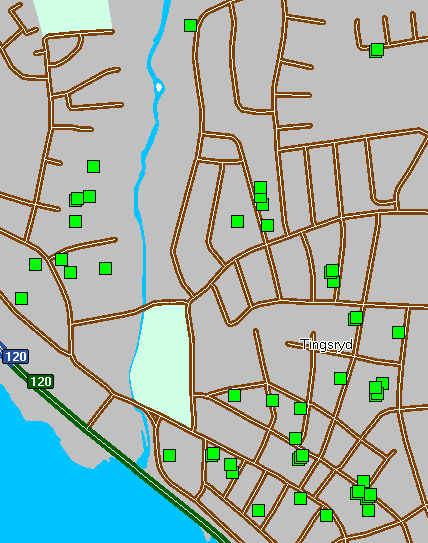 Simuleringar A1 A4, insatser i tätorten Nedanstående karta (bild 5) visar ett antal adresser för insatser inom hemtjänsten i en kommun.