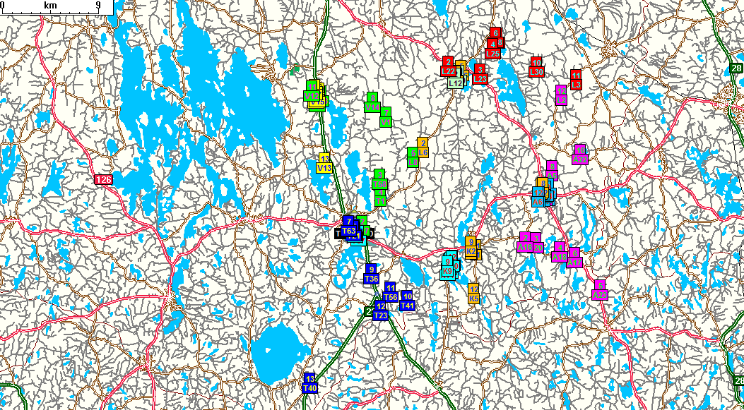 Då entreprenören i alternativ E1 (simulering A9) har med sig allt material gör de alla turer med bil. Två städpatruller med två personer i varje fordon klarar samtliga städuppdrag.