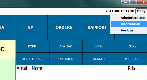 OPENSOLUTION RETAIL SYSTEM - INFORMATION Högst upp till höger i kassaprogrammet finns knappen Meny.