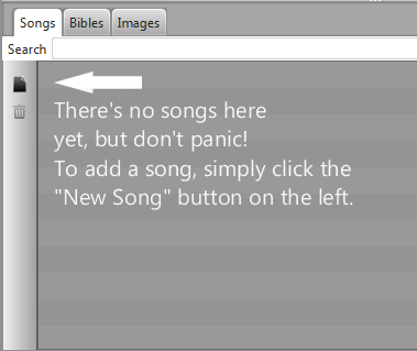 1.3. Lägga till sånger till din databas 1.3.1. Skapa en ny sång Första gången du startar Quelea kommer din sångdatabas att vara tom.