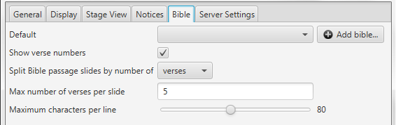 3.5. Bibel Bibelfliken låter dig ange en standardbibel, lägga till en bibel, ange om versnummer ska visas i bibeltexter eller inte och justera layouten på bibeltexter. 3.5.1.