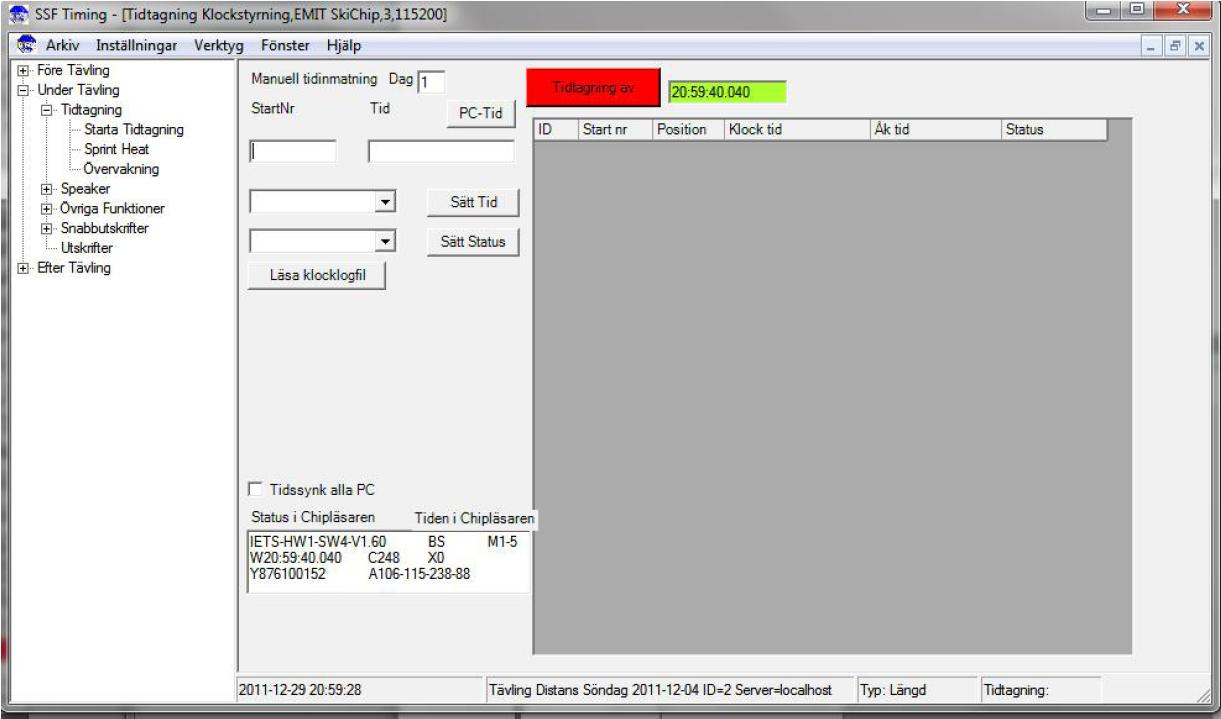 6. I Tidtagningsfönstret kan man kontrollera att kommunikationen mot klockorna fungerar. Då visas statustext sam tiden i klockan, grönt fält. OBS!
