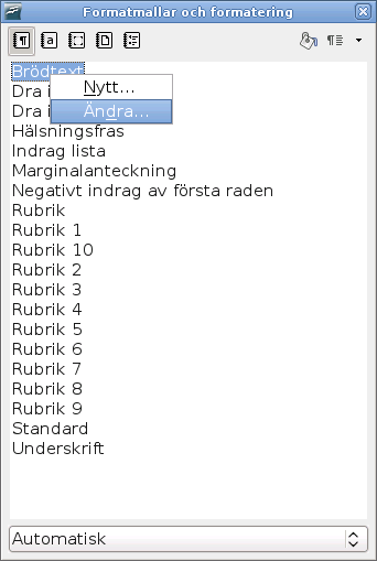 Formatera text Figur 55: Ändra en formatmall 3) I dialogrutan för Styckeformatmall, välj fliken för Textflöde. 4) Under rubriken Avstavning, kryssa i eller ur rutan för Automatisk avstavning.