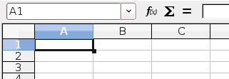 Calc-fönstrets olika delar Formelrad Till vänster om formelraden (Figur 67) finns en liten textbox, som kallas Namnrutan, med bokstavs- och nummer-kombinationer i, såsom D7.