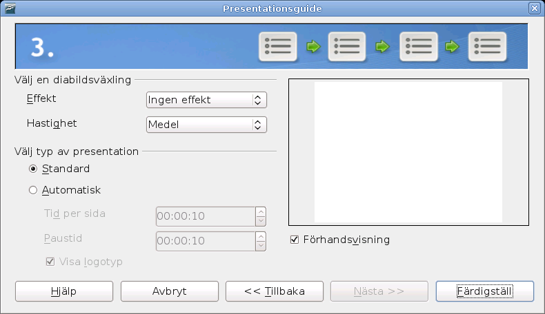 Skapa en ny presentation Figur 96. Välj bildsidesväxlingseffekt och hastighet 8) Gör ditt val i rullgardinsmenyn för Effekt.