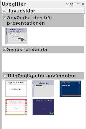 Anpassa en presentation Figur 99: Tillgängliga huvudsidor OBS Standardvalet av Huvudsida är en tom bild med speciell stil för sidan. De andra fyra huvudsidorna innehåller olika designer.