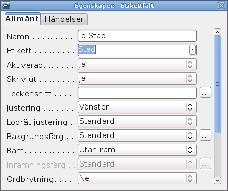 Skapa en databas Figur 113: Ändra egenskaper för en etikett 8) Kontrollera tab-ordning. Tab-ordningen borde vara korrekt men vi behöver säkerställa detta.