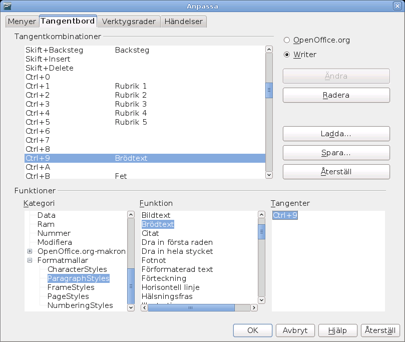 Applicera formatmallar Figur 141. Definiera tangentkombinationer för att använda formatmallar Ändra formatmallar OpenOffice.