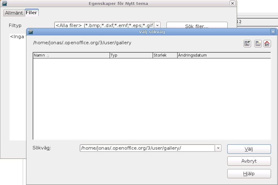 Hantera Galleri 3) Klicka på Filer-fliken. 4) Klicka Sök filer. Välj sökväg-dialogen öppnas(figur 150). Bläddra till den mapp som innehåller filen med bilden för det nya temat och klicka OK.