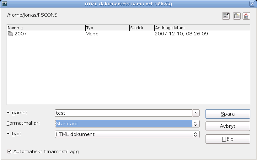 Spara Writer-dokument som webb-sidor 2) Välj Arkiv > Skicka och klicka på Skapa HTMLdokument. 3) I dialogen (Figur 164) skriver du in filnamnet som du vill spara sidorna som.