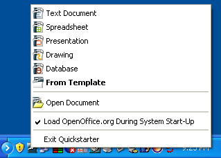 Använda Snabbstart under Windows Använda Snabbstart-ikonen Högerklicka på Snabbstartikonen i systemtray för att öppna ett nytt dokument, öppna Mallar och Dokument-dialogen eller välj ett befintligt