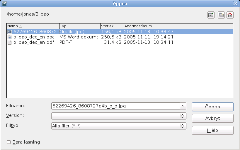 Öppna filer Figur 7. Dialogrutan Öppna Välj fil och klicka därefter på Öppna. Filformat OpenOffice.org kan importera Microsoft Office filer.