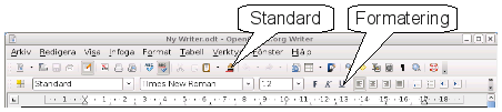 Verktygsrader Den andra verktygsraden, under standard-verktygsraden, är Formatera-verktygsraden. Det är en meny som visar relevanta verktyg beroende på markörens nuvarande placering i dokumentet.