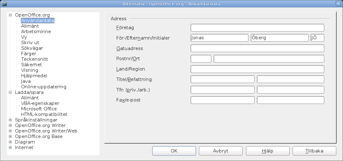 Inställningar för OpenOffice.org Användardata Eftersom OpenOffice.