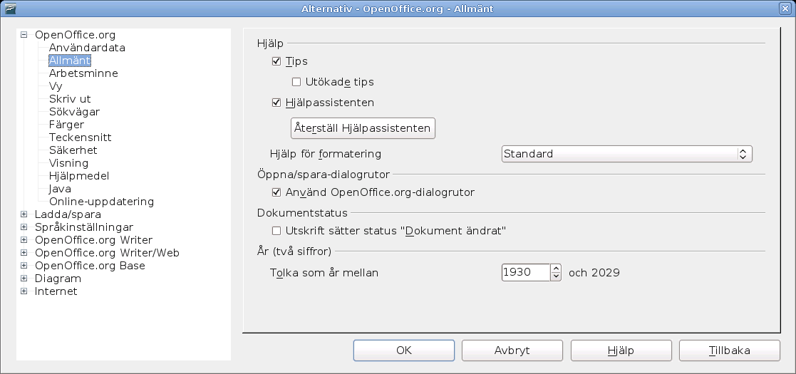 Inställningar för OpenOffice.org Figur 23. Sätta allmäna alternativ för OpenOffice.org Hjälp - Tips När Tips är aktiv visas ett eller två ord när du rör musen över en ikon eller ett fält i OpenOffice.