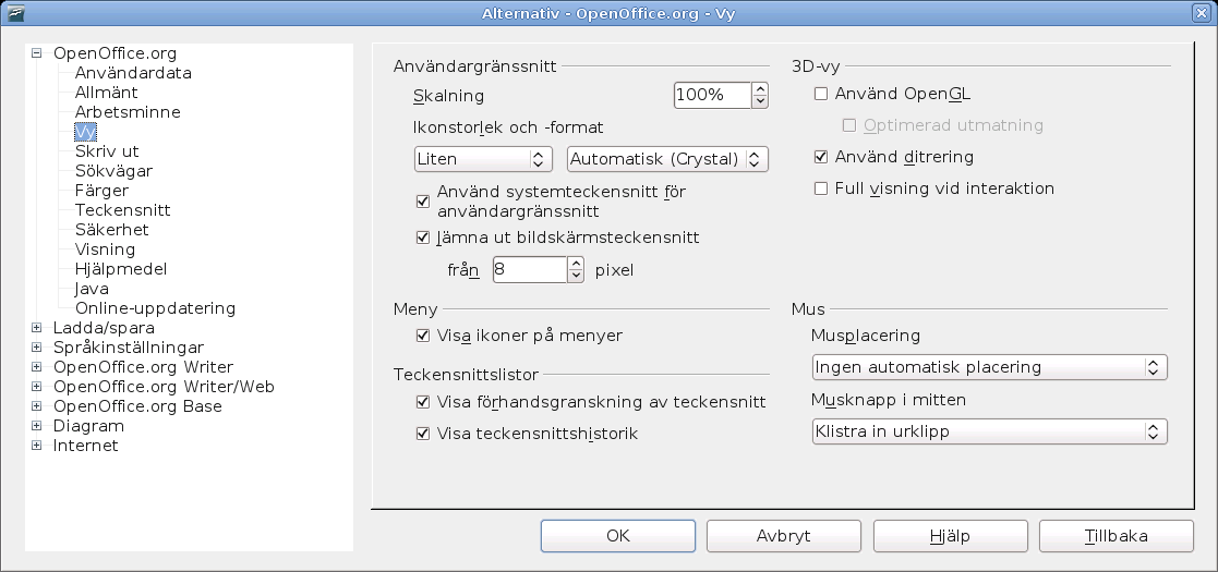 Inställningar för OpenOffice.org Figur 25. Alternativ för Visa för OpenOffice.