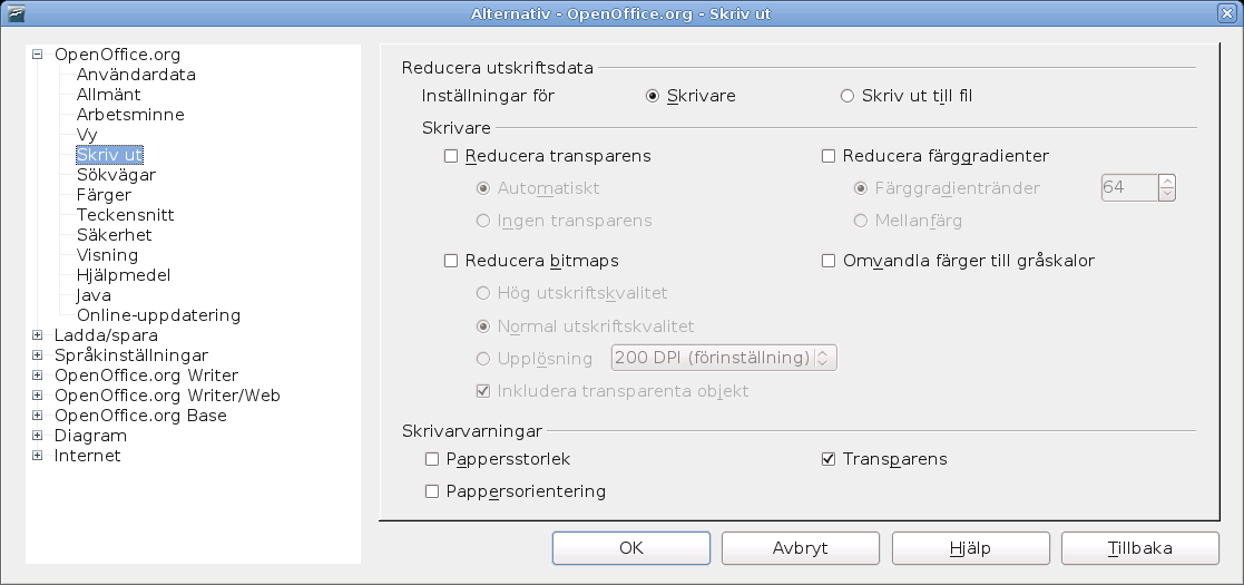 Inställningar för OpenOffice.org Figur 27. Välj allmäna alternativ för utskrift för att applicera på alla OpenOffice.org-dokument.