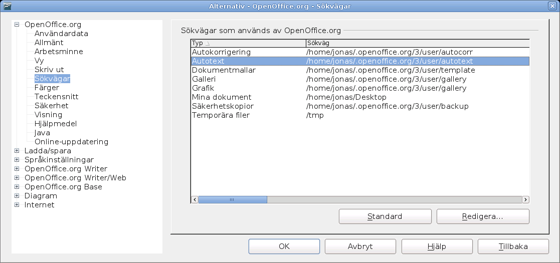 Inställningar för OpenOffice.org Figur 28. Visa sökväger eller filer som används av OpenOffice.org Färgalternativ I OpenOffice.