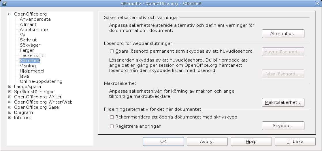 Inställningar för OpenOffice.org Figur 30. Definiera ett teckensnitt som skall erätta ett annat teckensnitt Säkerhetsalternativ Använd OpenOffice.