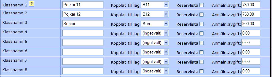 Sid 17 Klasser att anmäla till Nedersta delen av registreringsformuläret omfattar vilka klasser som lagledarna kan anmäla sig till. Maximalt 30 klasser kan användas.