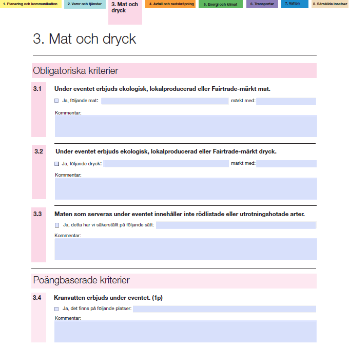 Miljömärkt Event Som arrangör behöver man samla ihop minst 7 poäng av de totalt 62 poängen från de