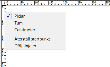 Linjaler Med linjaler kan du mäta och planera webbsidans layout. Linjalerna visas på dokumentfönstrets vänstra och övre kanter. Gå in under menyn "Visa".