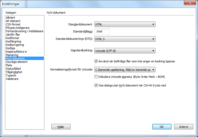 Inställningar för nya HTML-dokument (Överkurs) Gå in under menyn Redigera och klicka på Inställningar... Välj kategorin "Nytt dokument". Här kan du ange standardinställningar för nya HTMLdokument.