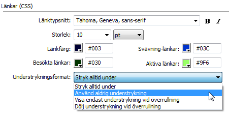 Formatera länkar I Dreamweaver kan du, på ett enkelt sätt, formatera alla länkar som visas på en sida.