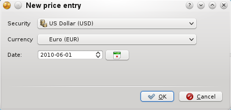 I KMyMoney är en kurs värdet på en valuta i förhållande till en andra valuta. När jag skriver detta, är exempelvis kursen för 1 USD i förhållande till EUR 0,83, dvs. 1 USD kostar 0,83 EUR.