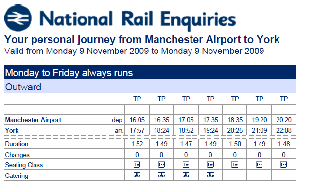 Transfer Manchester-York Transfer Manchester flygplats till York sker med tåg. Öppna biljetter är bokade och har skickats med post, lämnats i postfack eller direkt till respektive resenär.